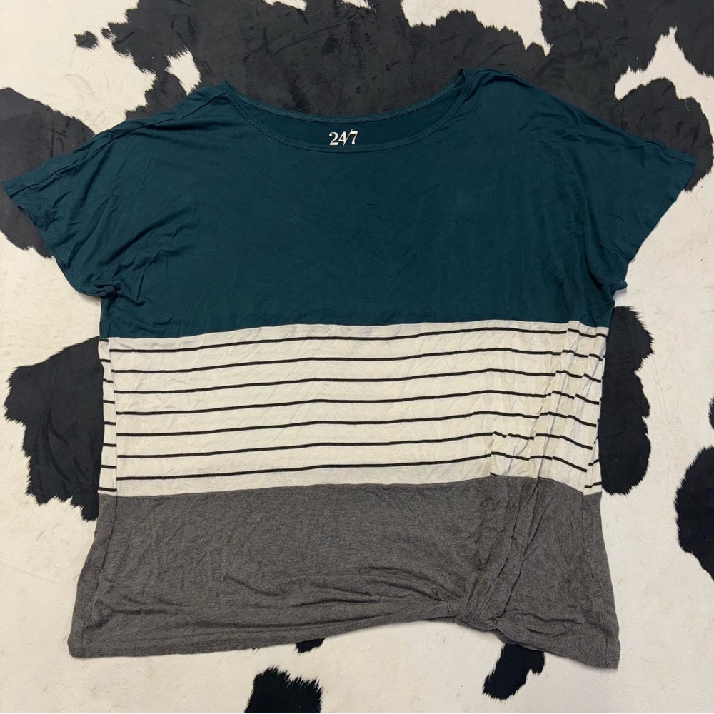 24/7 Teal and Gray Striped Top